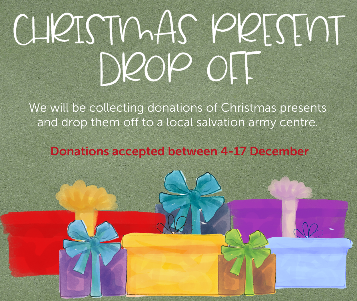 Drop off Christmas presents for charity at the White Hart Overton throughout December